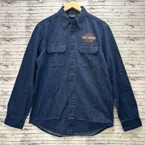 Harley Davidson Logo Jean Shirt Men's Small Blue Denim Bar and Shield Motorcycle